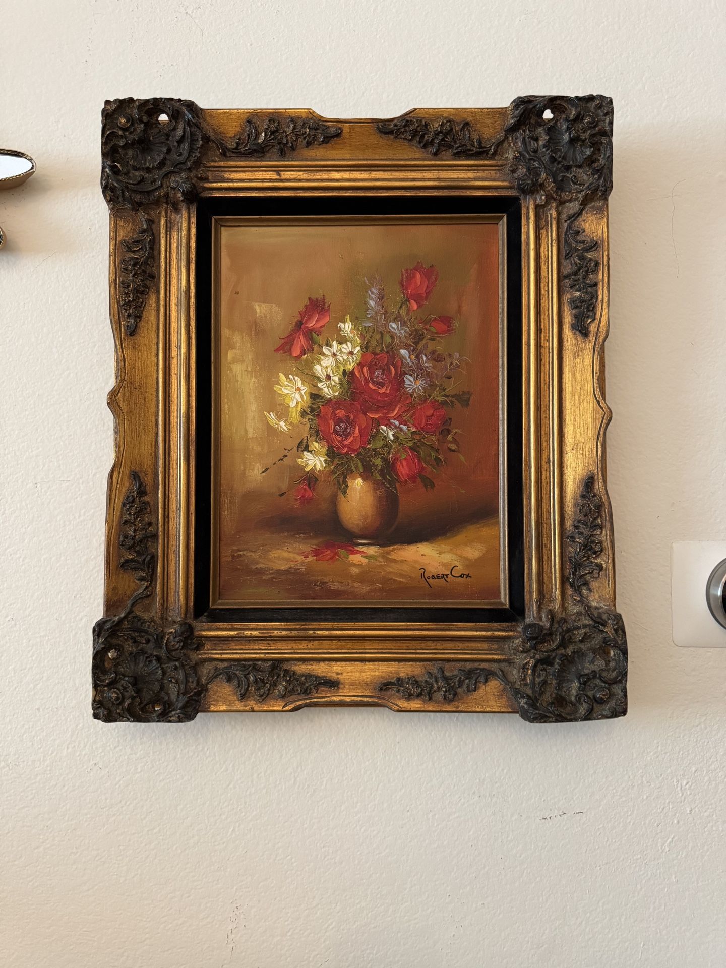 Original Oil Painting by Robert Cox – Floral Still Life in Ornate Gold Frame – 15”x19”