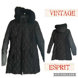 Vintage ESPRIT 90s Black Feather Quilted 3/4 Coat 