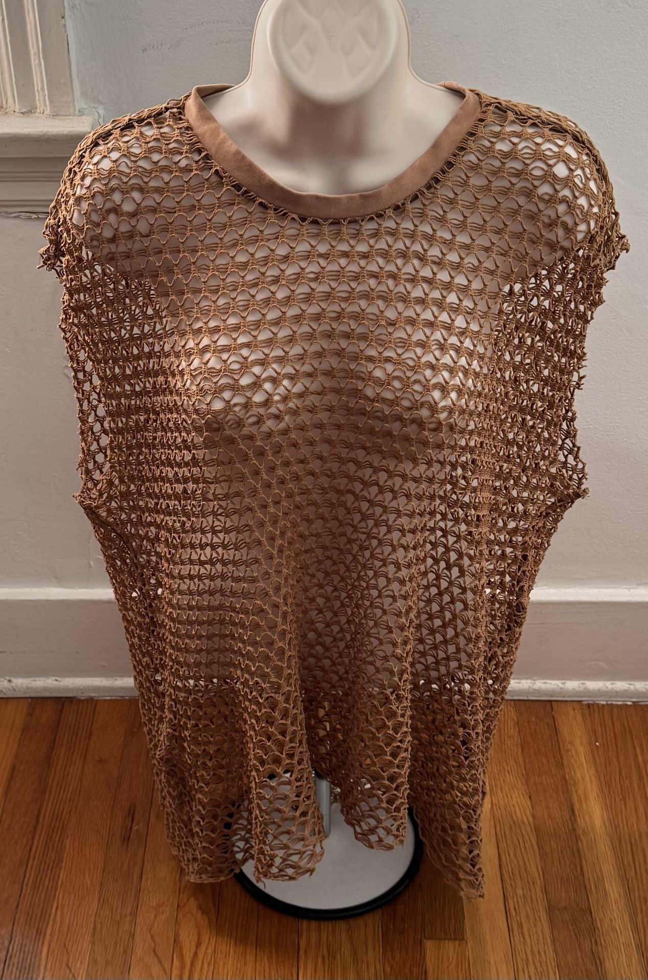 Urban Outfitters Brown Fishnet Mesh Oversized Crewneck Top, size S Petite 