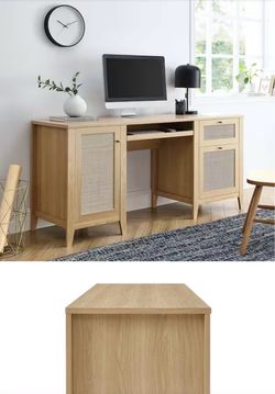 Wood and Rattan Computer Desk and Chair