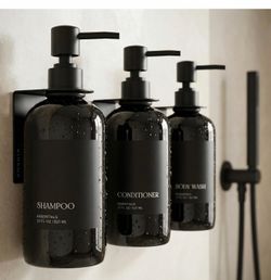 Stylish Shampoo and Conditioner Dispenser Set of 3 for Wall Mount - Modern Drill Free 21oz Shower Soap Bottles with Labels - Easy Refill Body Wash Dis