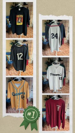 Assorted men's graphic t-shirts and baseball/sports jerseys in size XL.