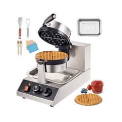 Round Waffle Iron Non-Stick Stainless Steel Rotatable Waffle Cone 1300-Watt Commercial Waffle Maker