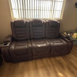 Brown Leather Power Reclining Couch w/ USB & Cup Holders