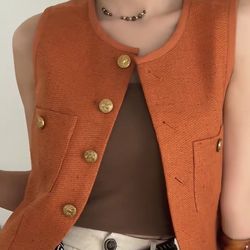 Elegant French-Inspired Tweed Vest Top – Sleeveless Round Neck, Relaxed Fit, Cropped Chic Layering Essential