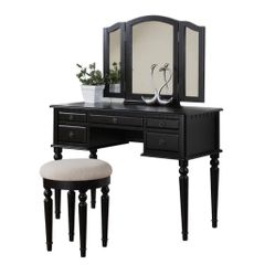 3-Piece Black Makeup Vanity Set Featuring Stool and Mirror $200 TODAY Pickup Only!