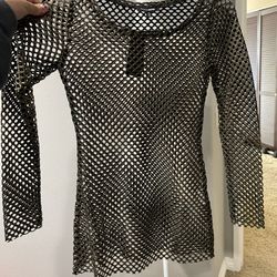 Fashion Nova Womens Gold Fishnet Tunic Long sleeve Top - Size XS