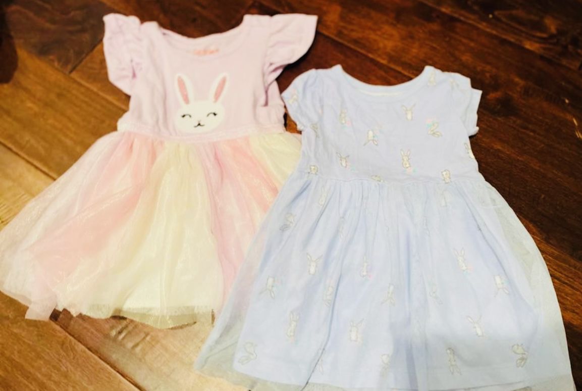 2 Pack: Girl’s 18M Pink/Yellow & Blue Short Sleeve Bunny Dresses; Pink - Single White Bunny on Chest & Blue - Small Gray/White Bunnies on Entire Dress