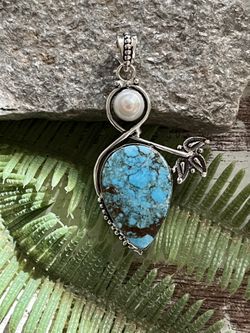 Teardrop Turquoise & Pearl Gemstone 2.5” Pendant