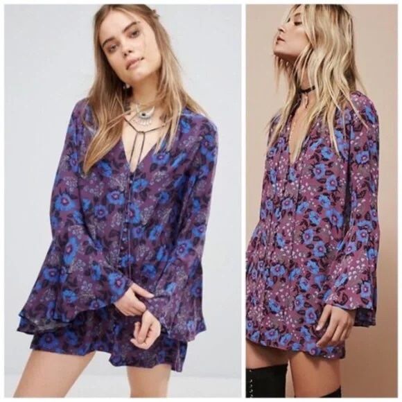 FREE PEOPLE Wine Purple Blue Boho Floral Mystery Bell Sleeve Tunic Blouse