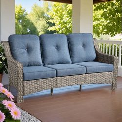 New Ovios Heavy Duty Outdoor Patio Sofa 3-Seater with Cushions All-Weather Wicker Rattan Couch for Garden, Porch, or Backyard New in box NEW-GNTC300-