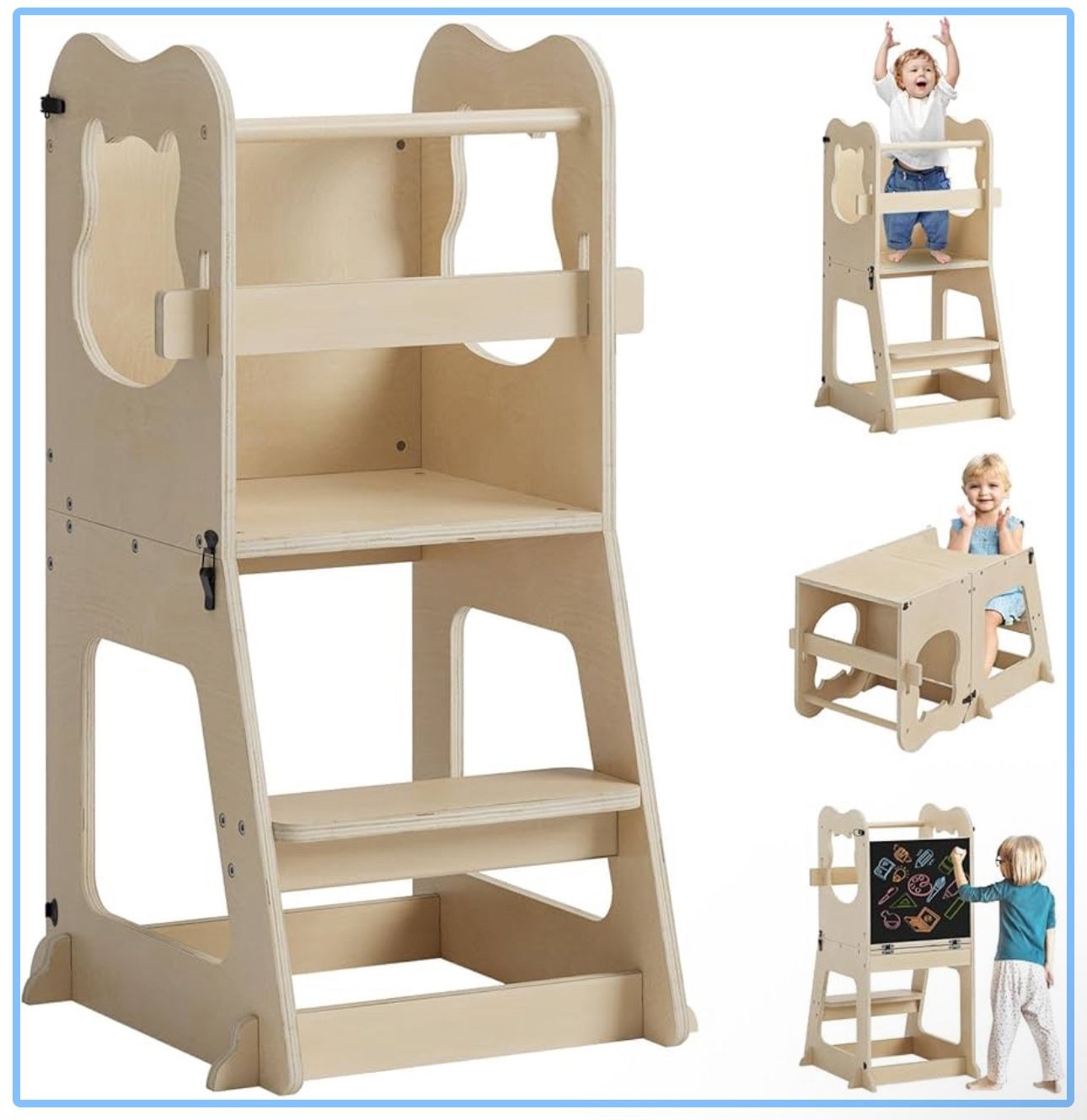 A convertible 3-in-1 wooden toddler learning tower with chalkboard.