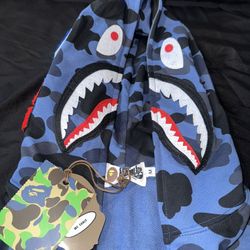 BAPE Blue Full Zip Shark Hoodie L & M w Bag And Tags
