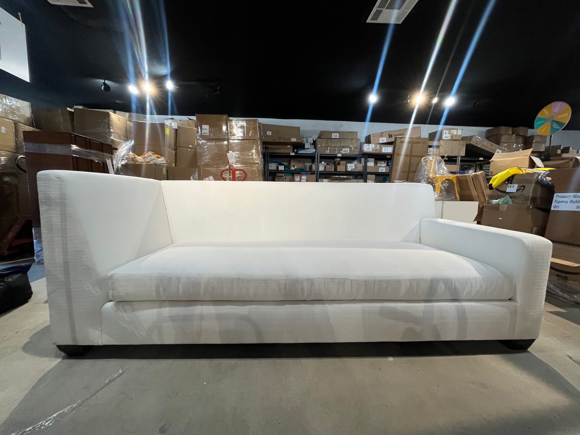 Reduced - missing cushions - White Linen Sofa – Right Arm Bench Seat, Track Arm – Contemporary Sectional Couch Lounger
