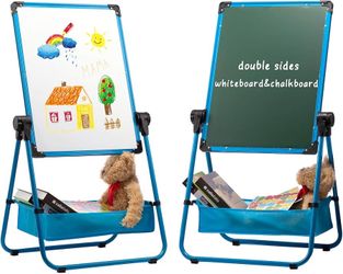 Children's Whiteboard, Art Easel for Children, Double-Sided Whiteboard and Black Board with Stand and Adjustable 360 Degrees, Blue
