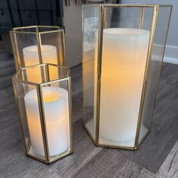 3 Battery Candles + Gold / Mirror Candle Holders