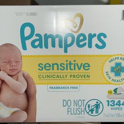 Pampers Sensitive Baby Wipes, 16 Flip-Top Packs, Water Based Wipe, Clinically Proven, Hypoallergenic, and Unscented for Babies, 1344 Wipes Total [Pack