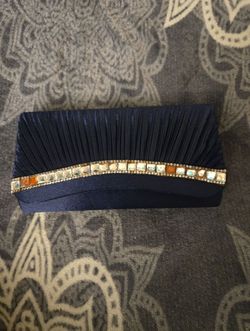 Navy Blue Satin Clutch with Rhinestone Detail