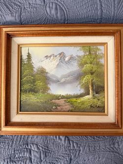 Signed Oil Painting Mountain Lake Landscape