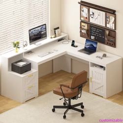 Farmhouse L Shaped Executive Desk with Drawers & Storage Shelf, Corner Computer Desk with Power Outlets