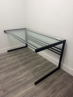 Modern Classy Glass Top Desk with Black Metal Frame