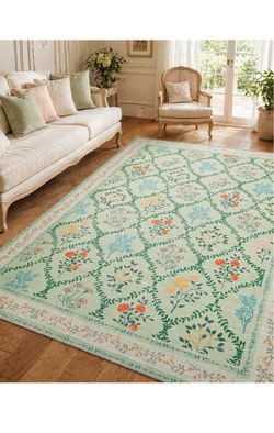YIHOUSE Washable  Size: 5' x 7'Area Rugs for Living Room, Green Floral Rug for Bedroom Non Slip Ultra-Thin, Large Carpet for Kids Playroom, Classroom,