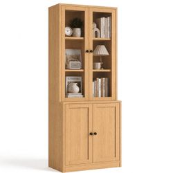 71'' Tall Bookcase with Glass Doors, 3-Tier Display Bookshelf,5-Tier Storage Cabinet for Home Office Living Room,Wood