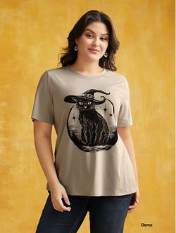 BLOOMCHIC Bewitched Cat Printed Crew Neck T-Shirt (US28/5XL)