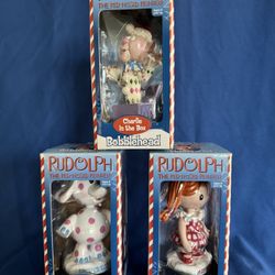 BOBBLEHEADS: Rudolph Red Nose Reindeer: CHARLIE In The BOX, SPOTTED ELEPHANT, MISFIT DOLL, NEW, 2001-2002 