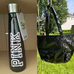 NEW!! 15oz Victoria’s Secret PINK Water Bottle (BLACK) NEW with Reusable Tote Bag. Glossy Tote Bag with Monogram Pri