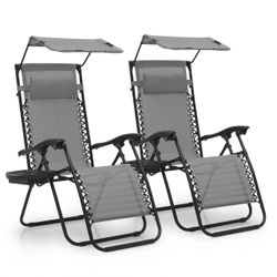 Zero Gravity Chair Set of 2 with Canopy Shade, Patio Folding Anti Gravity Recliner, Foldable Outdoor