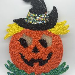 Vtg Pumpkin Jack-O-Lantern Melted Plastic Popcorn Decoration Halloween 17"x12"