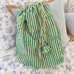 Nimo palm tree Green + white striped beach/pool bag with nylon interior and gold accents
