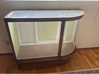 Antique country store corner, display counter curved glass showcase