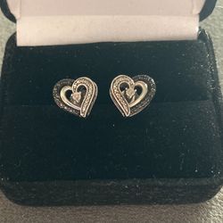 Diamond and black sapphire Sterling silver heart earrings