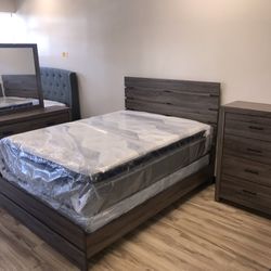 Bedroom Set, Queen Bed Frame,Dresser With Mirror, Nightstand & Chest 