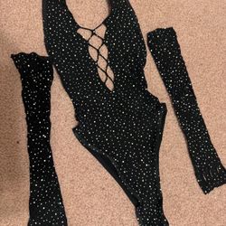 New One Size Black Fishnet Bodysuit Arm warmer Rhinestone Lingerie Festival Rave 