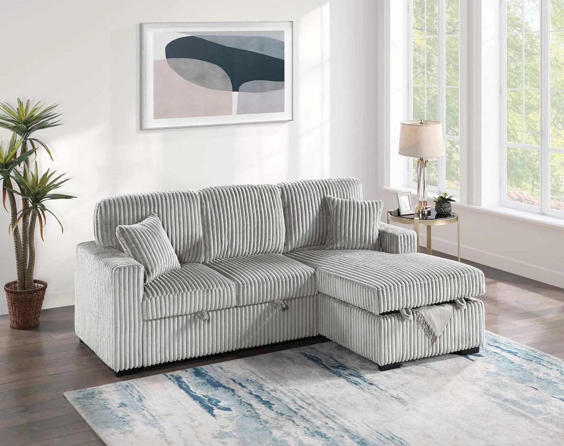 Gray Sofa Sectional w/ Pull- Out Sleeper & Drop Down Cup holder