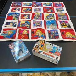 Hand quilted girl Superhero 36x36 throw blanket with nib Batgirl and Wonder Woman action figures.