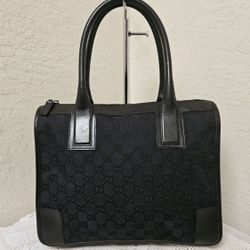 GUCCI GG Canvas Leather Black Vintage Handbag Tote Bag AUTHENTIC