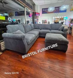 🏆 Sectional Sofa with Ottoman, Dark Gray Corduroy Fabric, New in the Box.