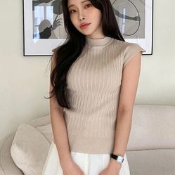 Solid Rib Knit Stand Neck Knit Top