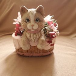 Ceramic Cat Container With Silk Flowers