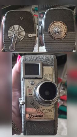 Vintage 8mm movie camera. Has a Dial-Set exposure guide on front with settings like 'Cloudy Dull' and 'Bright Sun'. Back has a 'COLOR FILM DATA' dial