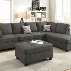ASH BLACK REVERSIBLE CHAISE SECTIONAL WITH OTTOMAN AND ACCENT PILLOWS 