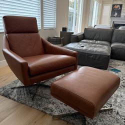 West Elm Leather Swivel Chair & Ottoman Set