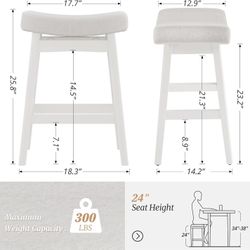 Bar Stools with Sturdy Wood Legs Set of 2, Saddle Seat Counter Height Bar Stools 24 Inch Counter Stools, Pale Gray Fabric