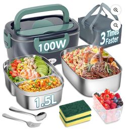 100W Portable Electric Lunch Box for Adults, 1.5L Leak-Proof Food Heater
