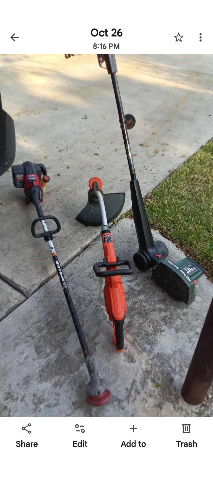 Electric B&D weed eater and electric edger work great &--free gas troybilt needs tlc