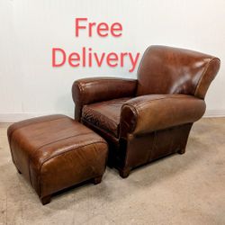 Pottery Barn Manhattan Leather Armchair and Ottoman, Free Delivery